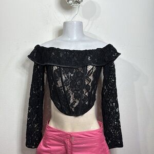 (A3) FASHION NOVA Sexy Long Sleeve See Through Style Lace Corset Mesh Crop Top,S